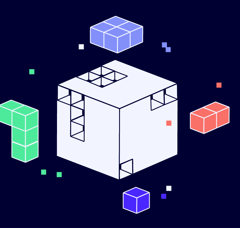tetris cube with pieces floating for software configuration management process