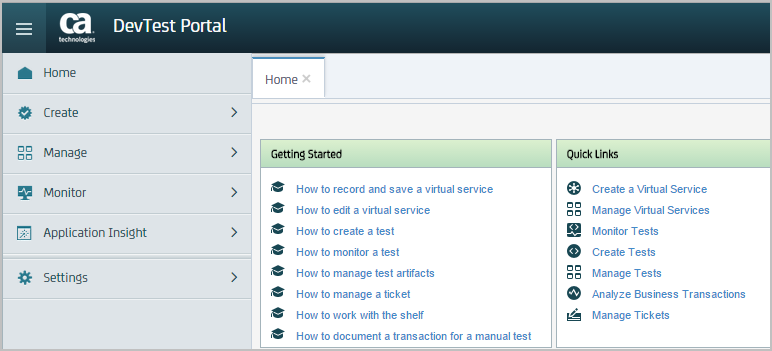 CA Technologies Application Test screenshot showing devtest portal.