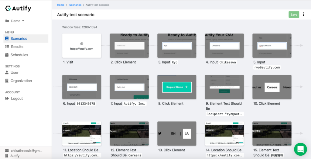 Autify review test scenario page showing screenshots taken after creating a scenario