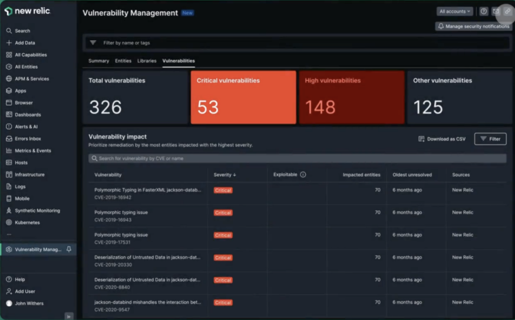 A photo focused on the vulnerability management tab of New Relic 