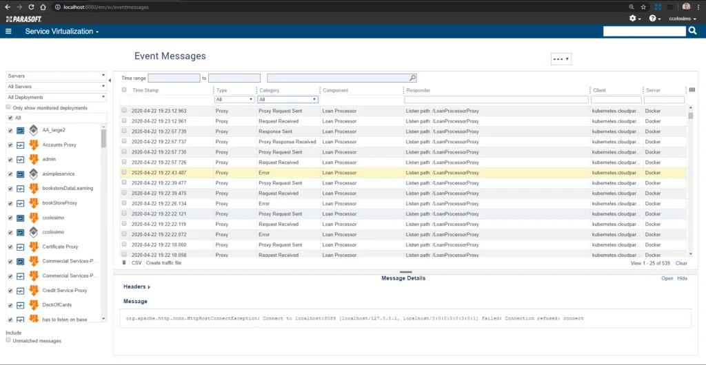 Screenshot of the service virtualization tab of Parasoft SOAtest