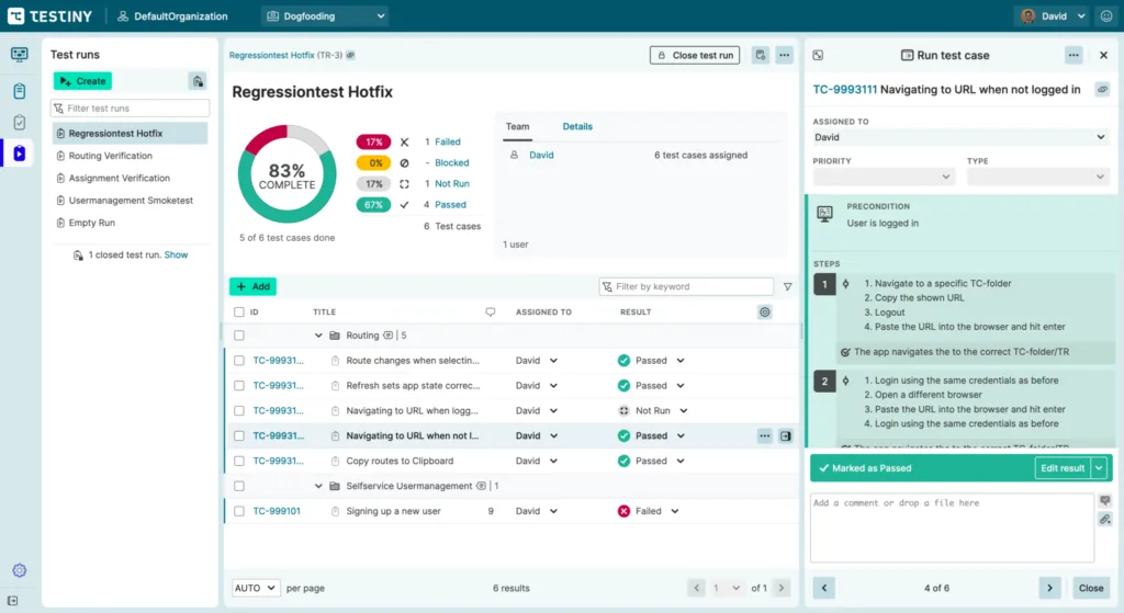 A screenshot of the interface for Testiny test management software 